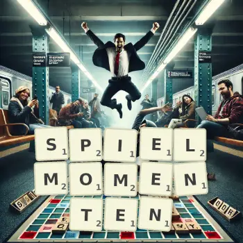 Kreative Illustration für ein Scrabble-Spiel, bei dem das Wort SPIELMOMENTEN mit Steinen auf dem Brett gelegt wurde.