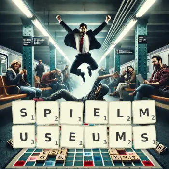 Kreative Illustration für ein Scrabble-Spiel, bei dem das Wort SPIELMUSEUMS mit Steinen auf dem Brett gelegt wurde.