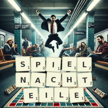 Kreative Illustration für ein Scrabble-Spiel, bei dem das Wort SPIELNACHTEILE mit Steinen auf dem Brett gelegt wurde.