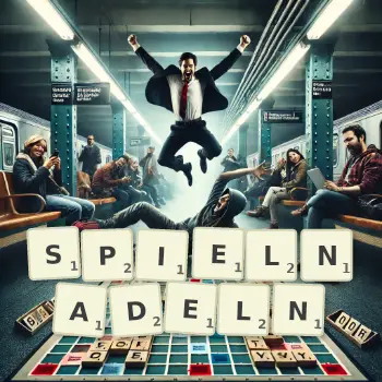 Kreative Illustration für ein Scrabble-Spiel, bei dem das Wort SPIELNADELN mit Steinen auf dem Brett gelegt wurde.
