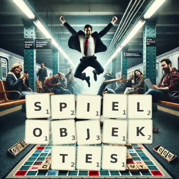 Kreative Illustration für ein Scrabble-Spiel, bei dem das Wort SPIELOBJEKTES mit Steinen auf dem Brett gelegt wurde.