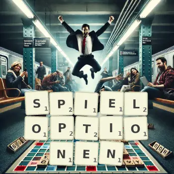 Kreative Illustration für ein Scrabble-Spiel, bei dem das Wort SPIELOPTIONEN mit Steinen auf dem Brett gelegt wurde.