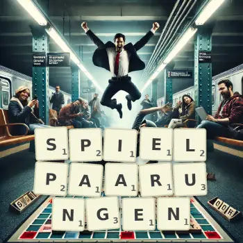 Kreative Illustration für ein Scrabble-Spiel, bei dem das Wort SPIELPAARUNGEN mit Steinen auf dem Brett gelegt wurde.
