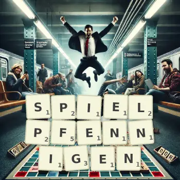 Kreative Illustration für ein Scrabble-Spiel, bei dem das Wort SPIELPFENNIGEN mit Steinen auf dem Brett gelegt wurde.