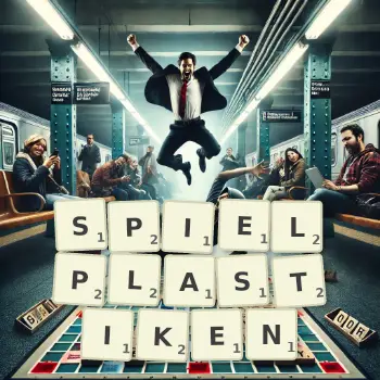 Kreative Illustration für ein Scrabble-Spiel, bei dem das Wort SPIELPLASTIKEN mit Steinen auf dem Brett gelegt wurde.