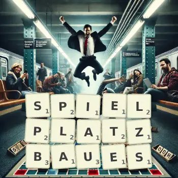 Kreative Illustration für ein Scrabble-Spiel, bei dem das Wort SPIELPLATZBAUES mit Steinen auf dem Brett gelegt wurde.
