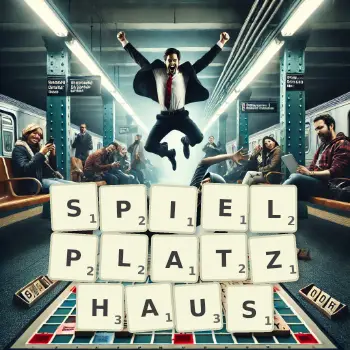 Kreative Illustration für ein Scrabble-Spiel, bei dem das Wort SPIELPLATZHAUS mit Steinen auf dem Brett gelegt wurde.