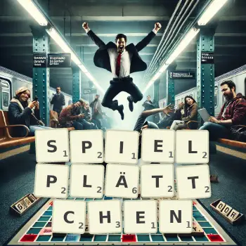 Kreative Illustration für ein Scrabble-Spiel, bei dem das Wort SPIELPLÄTTCHEN mit Steinen auf dem Brett gelegt wurde.