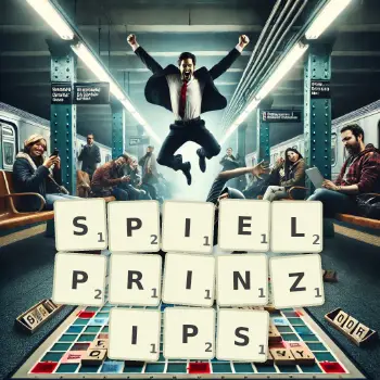 Kreative Illustration für ein Scrabble-Spiel, bei dem das Wort SPIELPRINZIPS mit Steinen auf dem Brett gelegt wurde.