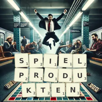 Kreative Illustration für ein Scrabble-Spiel, bei dem das Wort SPIELPRODUKTEN mit Steinen auf dem Brett gelegt wurde.