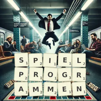 Kreative Illustration für ein Scrabble-Spiel, bei dem das Wort SPIELPROGRAMMEN mit Steinen auf dem Brett gelegt wurde.