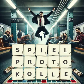Kreative Illustration für ein Scrabble-Spiel, bei dem das Wort SPIELPROTOKOLLE mit Steinen auf dem Brett gelegt wurde.