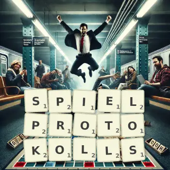 Kreative Illustration für ein Scrabble-Spiel, bei dem das Wort SPIELPROTOKOLLS mit Steinen auf dem Brett gelegt wurde.