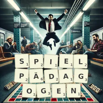 Kreative Illustration für ein Scrabble-Spiel, bei dem das Wort SPIELPÄDAGOGEN mit Steinen auf dem Brett gelegt wurde.