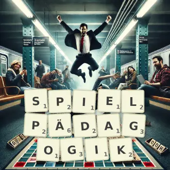 Kreative Illustration für ein Scrabble-Spiel, bei dem das Wort SPIELPÄDAGOGIK mit Steinen auf dem Brett gelegt wurde.