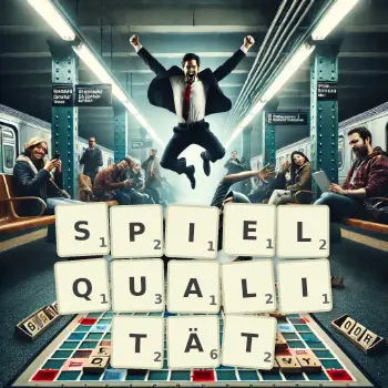 Kreative Illustration für ein Scrabble-Spiel, bei dem das Wort SPIELQUALITÄT mit Steinen auf dem Brett gelegt wurde.