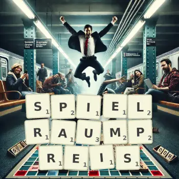 Kreative Illustration für ein Scrabble-Spiel, bei dem das Wort SPIELRAUMPREIS mit Steinen auf dem Brett gelegt wurde.