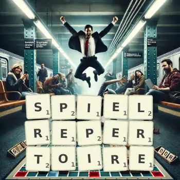 Kreative Illustration für ein Scrabble-Spiel, bei dem das Wort SPIELREPERTOIRE mit Steinen auf dem Brett gelegt wurde.