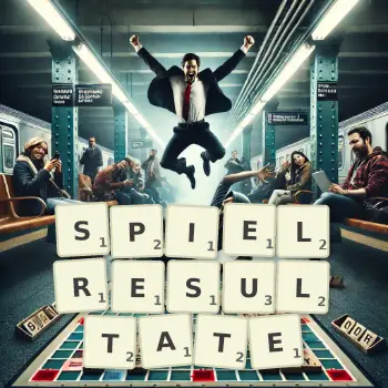 Kreative Illustration für ein Scrabble-Spiel, bei dem das Wort SPIELRESULTATE mit Steinen auf dem Brett gelegt wurde.