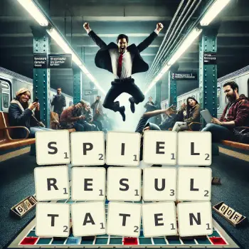 Kreative Illustration für ein Scrabble-Spiel, bei dem das Wort SPIELRESULTATEN mit Steinen auf dem Brett gelegt wurde.