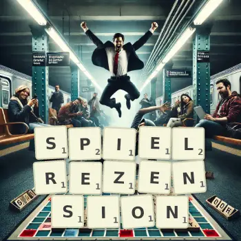 Kreative Illustration für ein Scrabble-Spiel, bei dem das Wort SPIELREZENSION mit Steinen auf dem Brett gelegt wurde.