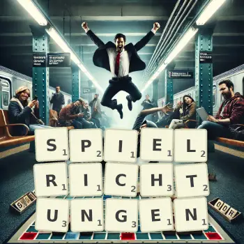 Kreative Illustration für ein Scrabble-Spiel, bei dem das Wort SPIELRICHTUNGEN mit Steinen auf dem Brett gelegt wurde.