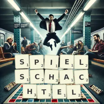 Kreative Illustration für ein Scrabble-Spiel, bei dem das Wort SPIELSCHACHTEL mit Steinen auf dem Brett gelegt wurde.