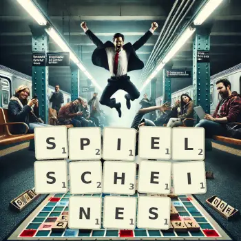 Kreative Illustration für ein Scrabble-Spiel, bei dem das Wort SPIELSCHEINES mit Steinen auf dem Brett gelegt wurde.