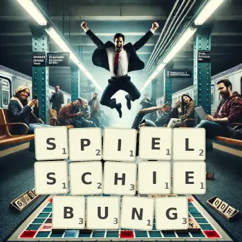 Kreative Illustration für ein Scrabble-Spiel, bei dem das Wort SPIELSCHIEBUNG mit Steinen auf dem Brett gelegt wurde.