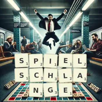 Kreative Illustration für ein Scrabble-Spiel, bei dem das Wort SPIELSCHLANGE mit Steinen auf dem Brett gelegt wurde.