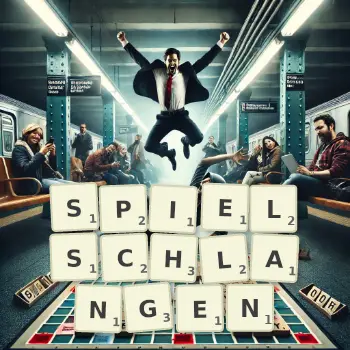 Kreative Illustration für ein Scrabble-Spiel, bei dem das Wort SPIELSCHLANGEN mit Steinen auf dem Brett gelegt wurde.