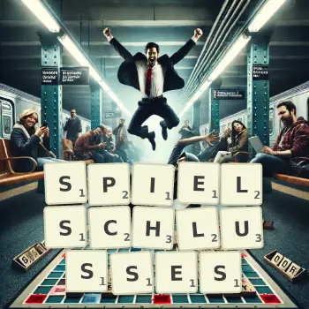 Kreative Illustration für ein Scrabble-Spiel, bei dem das Wort SPIELSCHLUSSES mit Steinen auf dem Brett gelegt wurde.