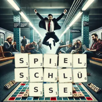 Kreative Illustration für ein Scrabble-Spiel, bei dem das Wort SPIELSCHLÜSSE mit Steinen auf dem Brett gelegt wurde.