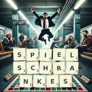 Kreative Illustration für ein Scrabble-Spiel, bei dem das Wort SPIELSCHRANKES mit Steinen auf dem Brett gelegt wurde.