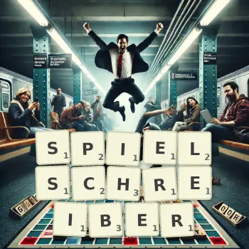 Kreative Illustration für ein Scrabble-Spiel, bei dem das Wort SPIELSCHREIBER mit Steinen auf dem Brett gelegt wurde.