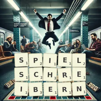 Kreative Illustration für ein Scrabble-Spiel, bei dem das Wort SPIELSCHREIBERN mit Steinen auf dem Brett gelegt wurde.