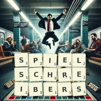 Kreative Illustration für ein Scrabble-Spiel, bei dem das Wort SPIELSCHREIBERS mit Steinen auf dem Brett gelegt wurde.
