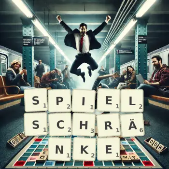 Kreative Illustration für ein Scrabble-Spiel, bei dem das Wort SPIELSCHRÄNKE mit Steinen auf dem Brett gelegt wurde.
