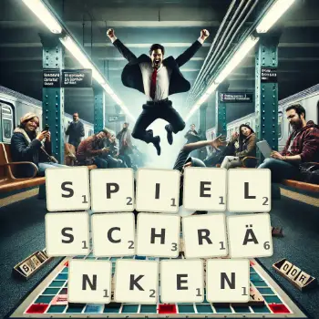 Kreative Illustration für ein Scrabble-Spiel, bei dem das Wort SPIELSCHRÄNKEN mit Steinen auf dem Brett gelegt wurde.