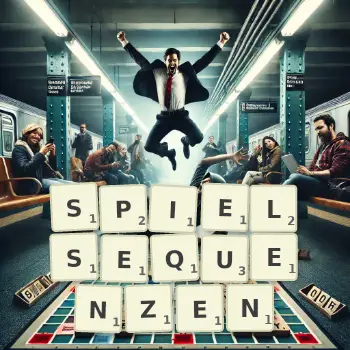 Kreative Illustration für ein Scrabble-Spiel, bei dem das Wort SPIELSEQUENZEN mit Steinen auf dem Brett gelegt wurde.