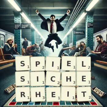Kreative Illustration für ein Scrabble-Spiel, bei dem das Wort SPIELSICHERHEIT mit Steinen auf dem Brett gelegt wurde.