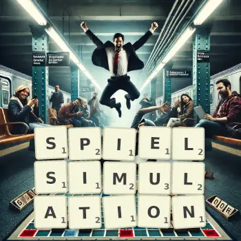 Kreative Illustration für ein Scrabble-Spiel, bei dem das Wort SPIELSIMULATION mit Steinen auf dem Brett gelegt wurde.