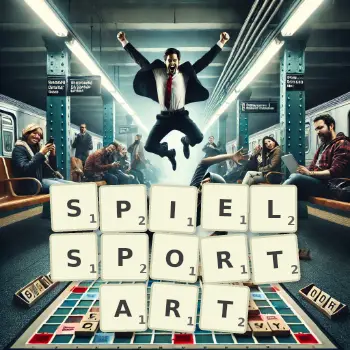 Kreative Illustration für ein Scrabble-Spiel, bei dem das Wort SPIELSPORTART mit Steinen auf dem Brett gelegt wurde.