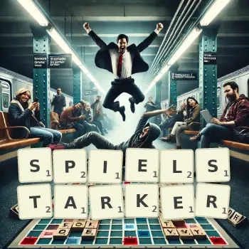 Kreative Illustration für ein Scrabble-Spiel, bei dem das Wort SPIELSTARKER mit Steinen auf dem Brett gelegt wurde.