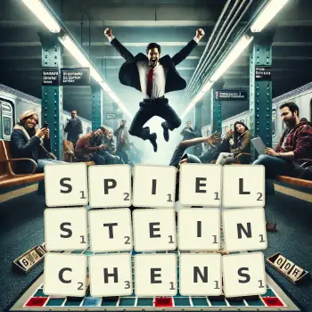 Kreative Illustration für ein Scrabble-Spiel, bei dem das Wort SPIELSTEINCHENS mit Steinen auf dem Brett gelegt wurde.