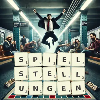 Kreative Illustration für ein Scrabble-Spiel, bei dem das Wort SPIELSTELLUNGEN mit Steinen auf dem Brett gelegt wurde.