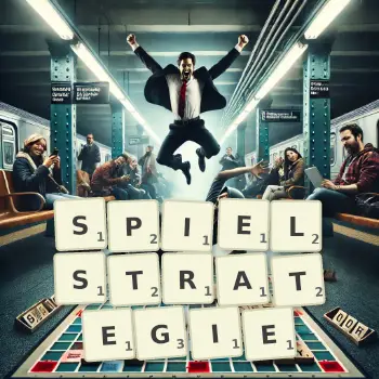Kreative Illustration für ein Scrabble-Spiel, bei dem das Wort SPIELSTRATEGIE mit Steinen auf dem Brett gelegt wurde.