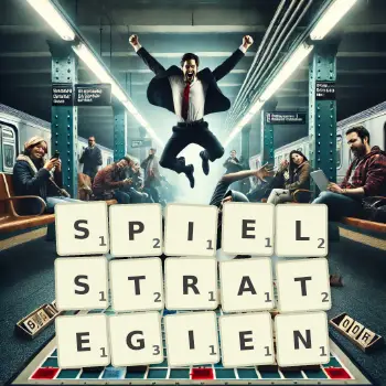 Kreative Illustration für ein Scrabble-Spiel, bei dem das Wort SPIELSTRATEGIEN mit Steinen auf dem Brett gelegt wurde.