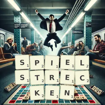 Kreative Illustration für ein Scrabble-Spiel, bei dem das Wort SPIELSTRECKEN mit Steinen auf dem Brett gelegt wurde.