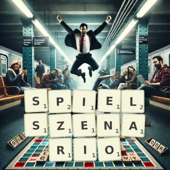 Kreative Illustration für ein Scrabble-Spiel, bei dem das Wort SPIELSZENARIO mit Steinen auf dem Brett gelegt wurde.